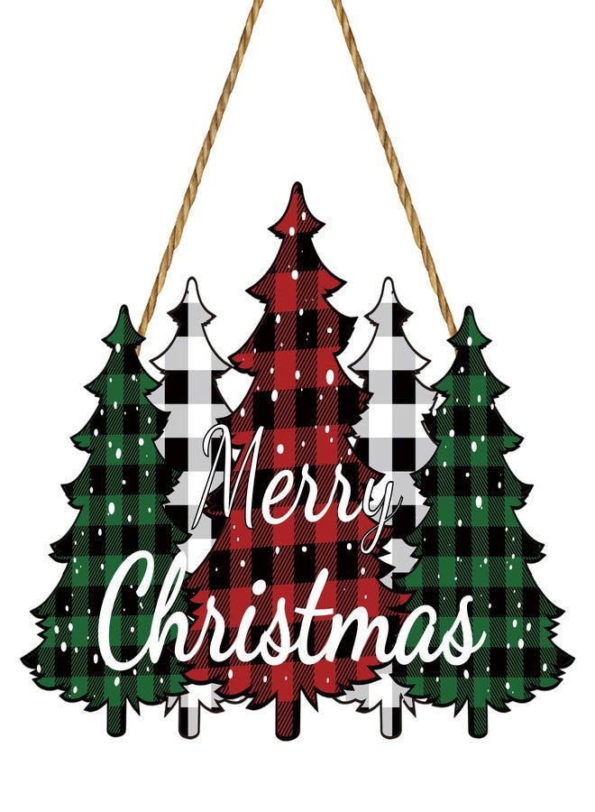 YUNKKIN Christmas Wall Decor Merry Christmas Sign Buffalo Plaid Tree Door Decorations Wooden Front Door Hanger Tree Hanging Sign Wreath for Wall Indoor Home Decor - Image 1